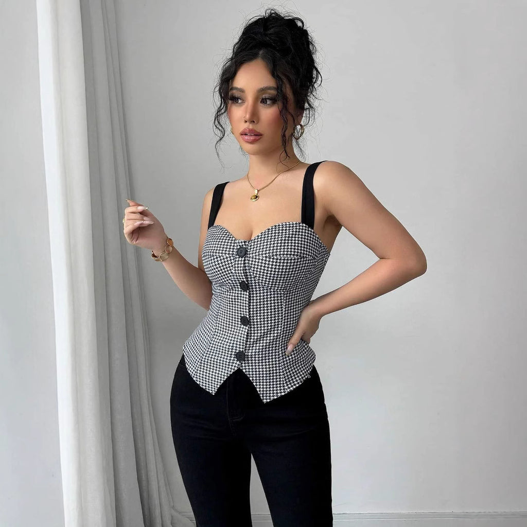 elegant slim-fit cardigan European and American  thousand-bird grid pattern single-breasted vest for women