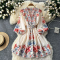 European and american retro chic v-neck lantern sleeve tie-waist slimming a-line midi fashion print dress