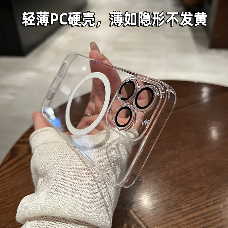 Iphone17/16promax mobile phone case pc hard case magnetic transparent with lens film suitable for apple 14/13 set
