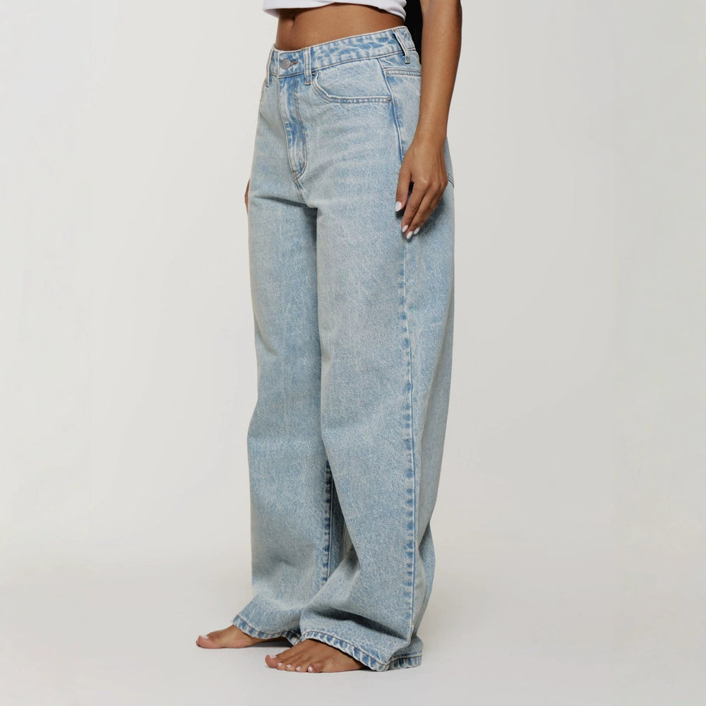 European and american style women's snow wash high-waisted wide leg jeans - relaxed fit straight leg denim pants