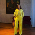 European and american cross-border women's fashion:  autumn new collection - solid color v-neck pleated loose top and high-waisted straight-leg pants two-piece set