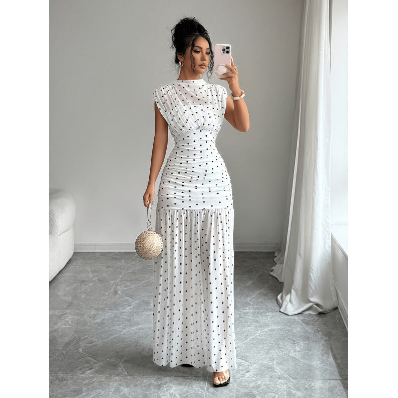 Women's summer new fashion elegant polka dot print ruched bust cinched waist sleeveless maxi dress