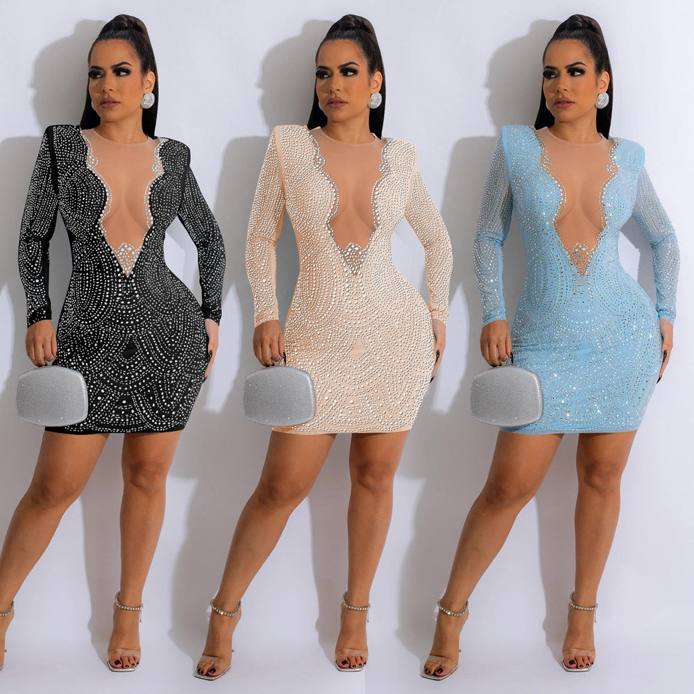 C6185 cross-border   fashion women's solid color hotfix rhinestone mesh v-neck long sleeve dress