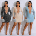 C6185 cross-border   fashion women's solid color hotfix rhinestone mesh v-neck long sleeve dress