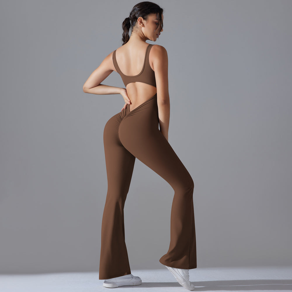 New arrival cross-border pure color beautiful back hip lifting longsilm wide leg jumpsuit sports running fitness jumpsuit yoga wear