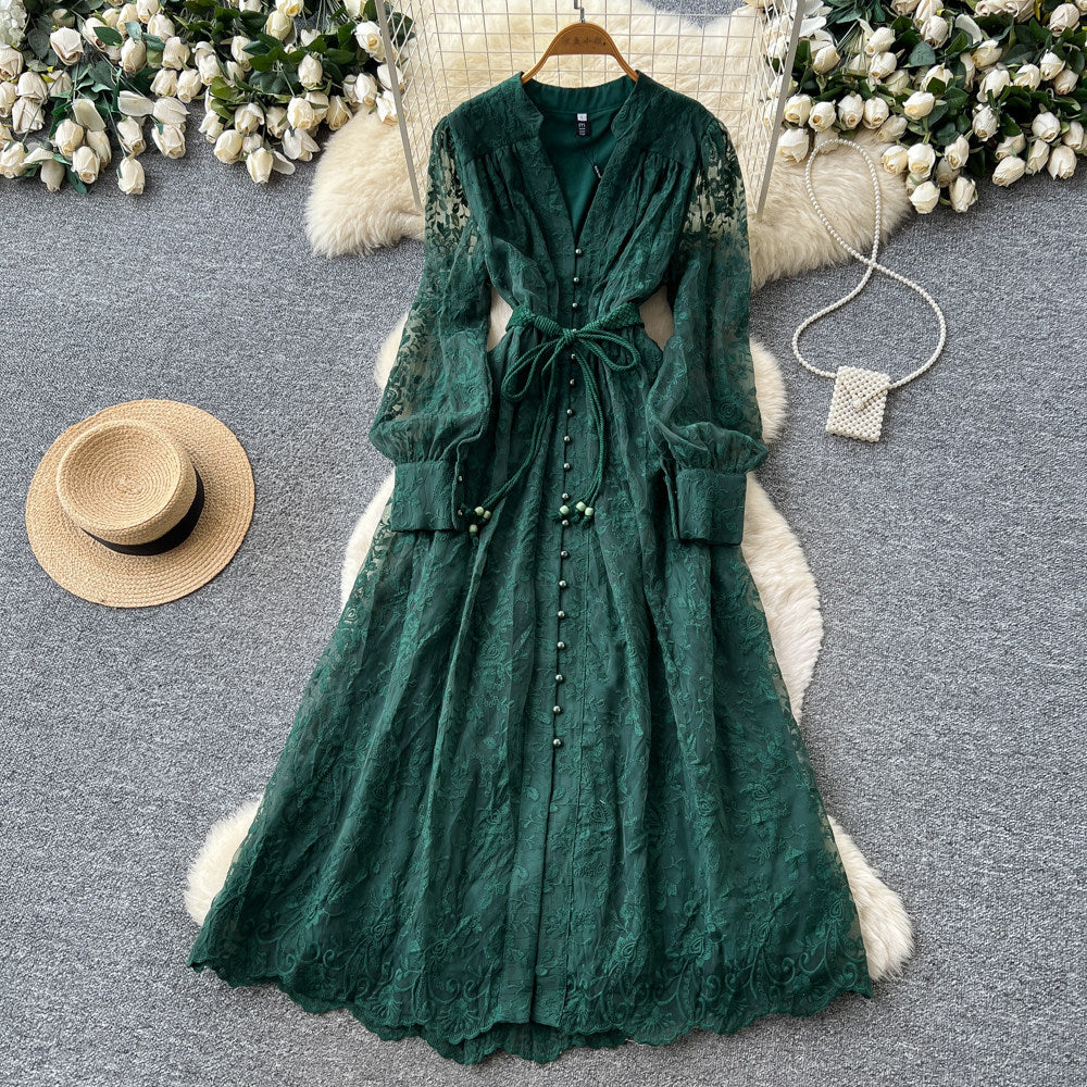 French court style v-neck lace embroidered dress - women's summer long sleeve, slimming a-line maxi dress, elegant and chic