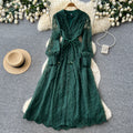 French court style v-neck lace embroidered dress - women's summer long sleeve, slimming a-line maxi dress, elegant and chic