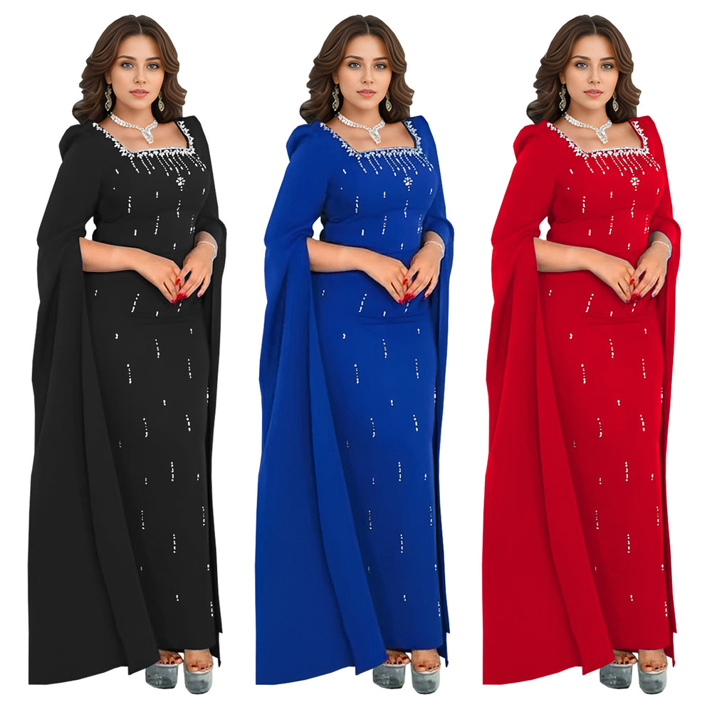 C7259 cross-border   fashion women's back-slit cape sleeve rhinestone embellished elegant dress