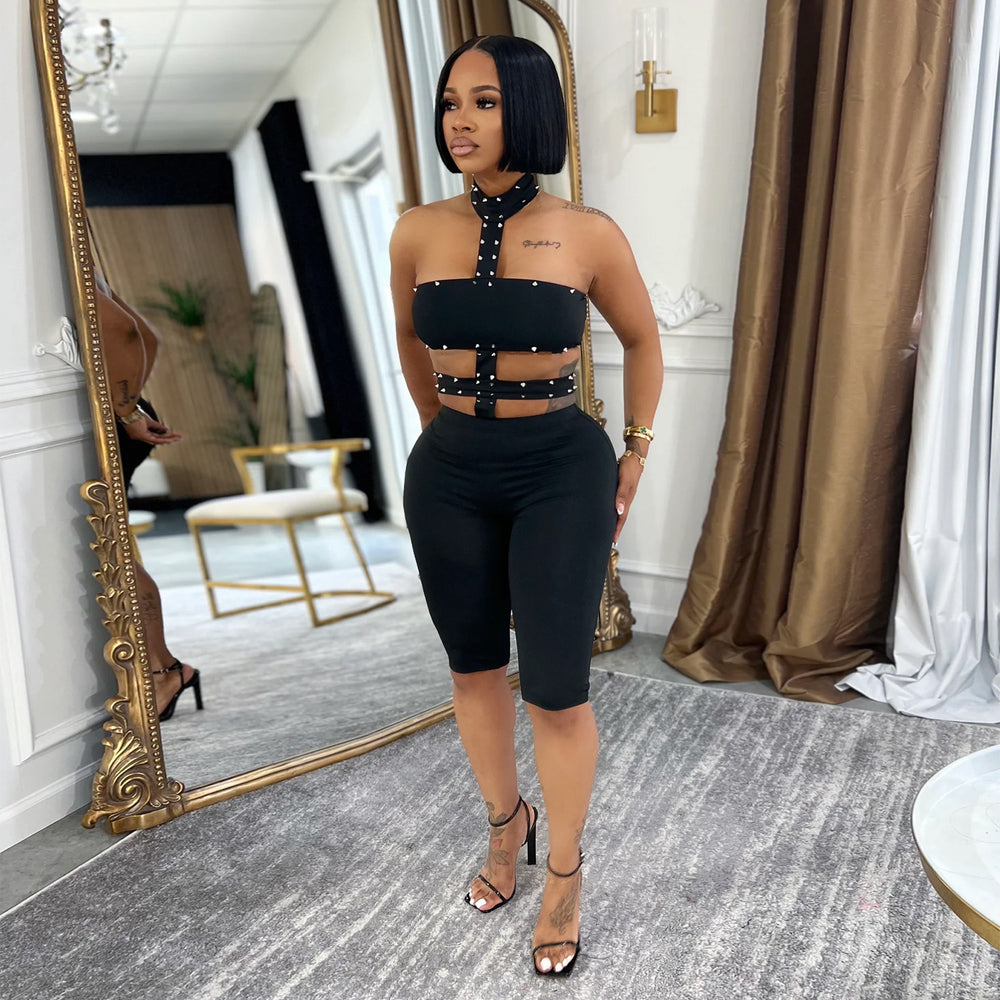C7728 cross-border   fashion women's sexy off-shoulder beaded halter solid color jumpsuit