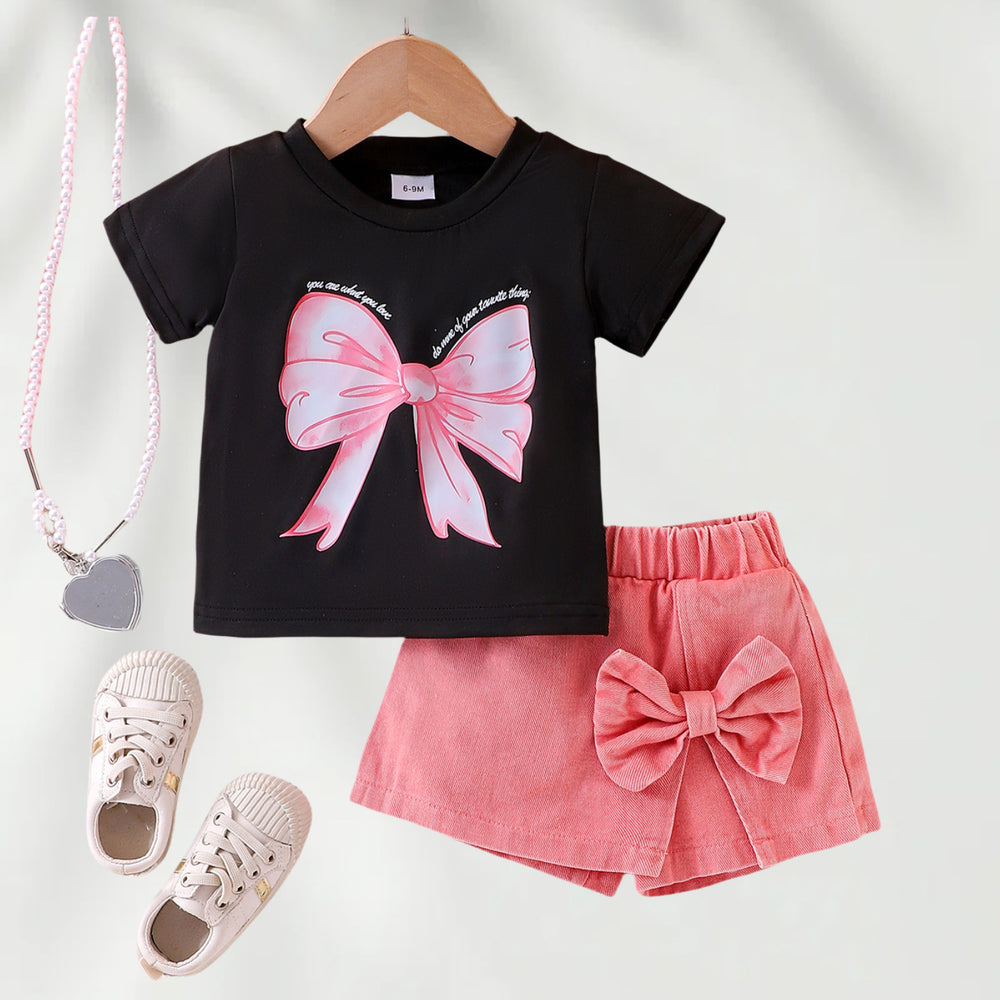 Children's clothingbows black t-shirt + pink skirt suitgirlnew arrival