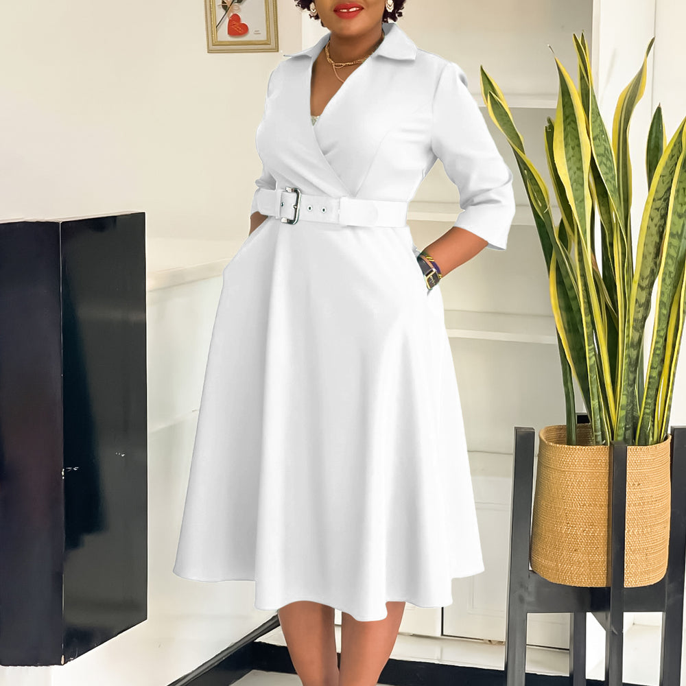 D3290 european and american plus size women's clothing  autumn new arrival: lapel collar, stylish and elegant solid color maxi dress - export quality