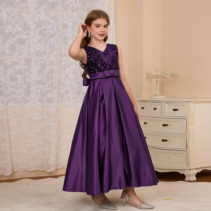 fashionexportfashion stylegirl dress long skirt v-neck evening dress satin princess dress catwalk classysequin skirt