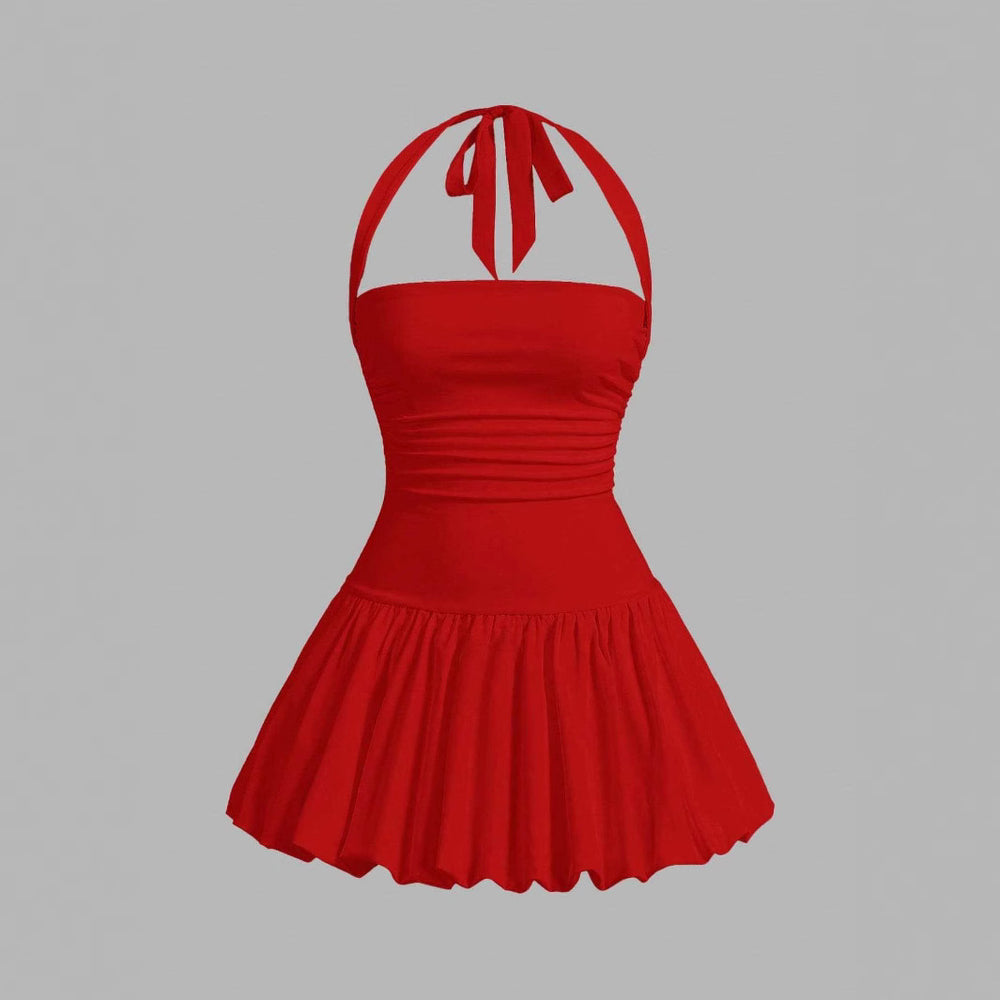 cross-border halter neck tie sexy bubble ruffle waist mini dress for women