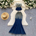 American retro hot girl outfit: women's summer pure & sultry sleeveless denim bandeau top with high-waisted fishtail midi skirt