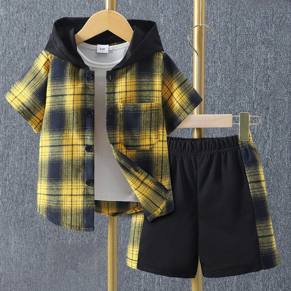 e-commerce special summer plaid plaid children's hooded short-sleeved shirt suit