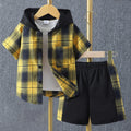 e-commerce special summer plaid plaid children's hooded short-sleeved shirt suit