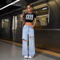 Fashionjeans women's light blue big hole raw edge loose pants high street distressed loosemop denim pants