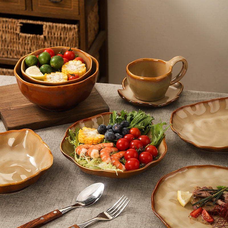 Retro casual kiln style ceramic special-shaped bowls, plates, household fruit salad bowls, ceramic steak plates, fish plates, vegetable plates