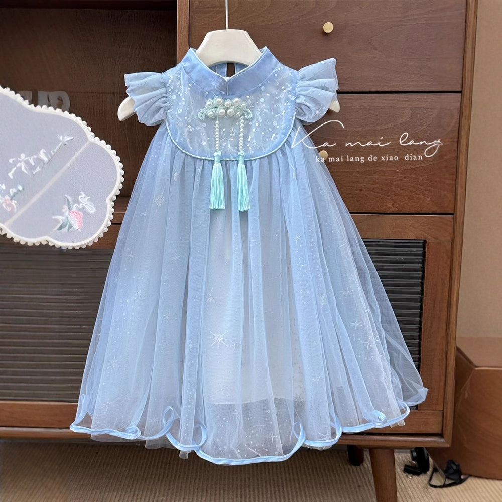 Girls' dress  summer new chinese style cheongsam with frog closures, tassel mesh skirt, and flutter sleeves