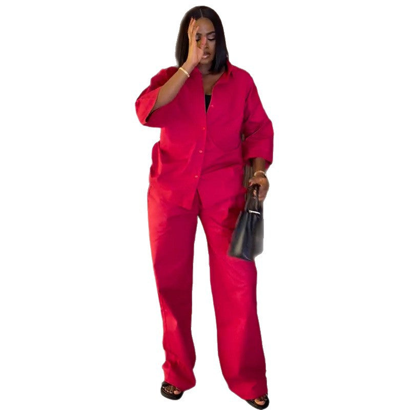 European and american women's clothing  autumn new collection: sweet and fresh turn-down collar five-sleeve blouse and high-waisted straight-leg pants two-piece set