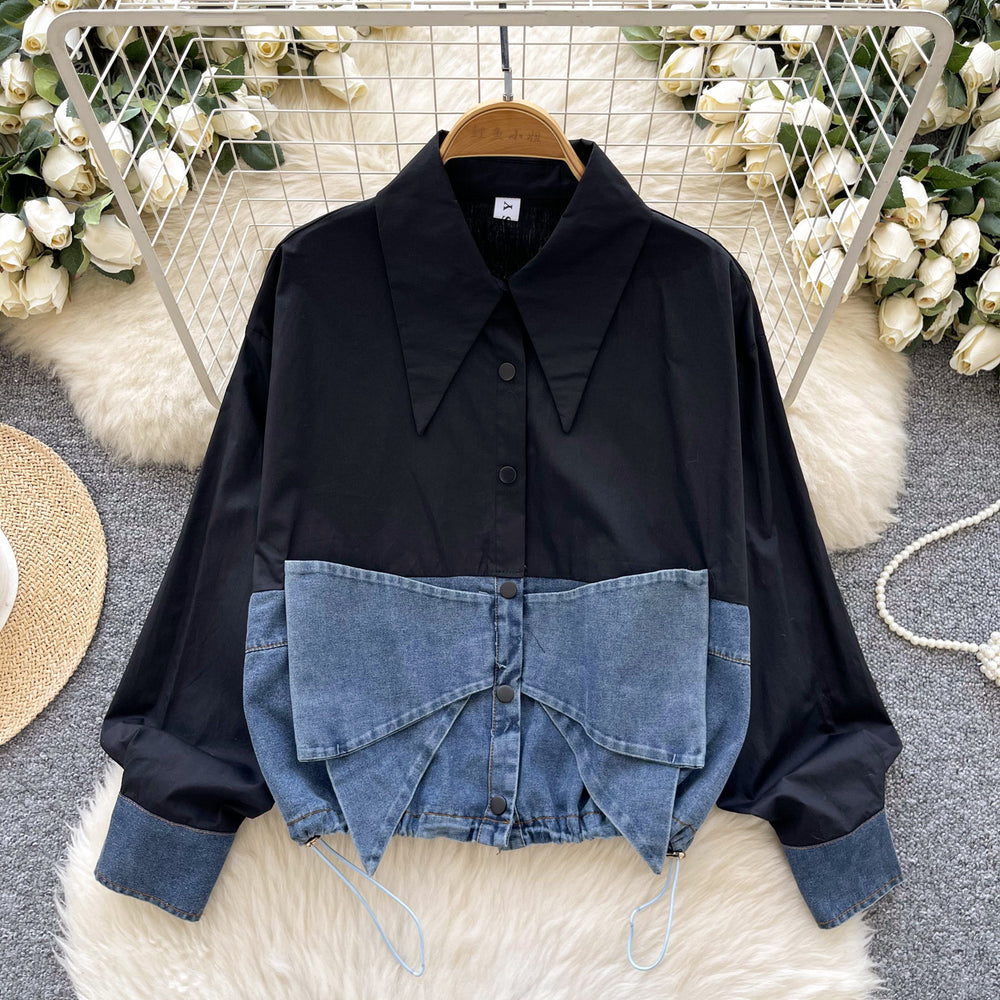 Spring korean style fashion design bowknot denim patchwork long sleeve shirt women's loose blouse top