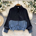 Spring korean style fashion design bowknot denim patchwork long sleeve shirt women's loose blouse top