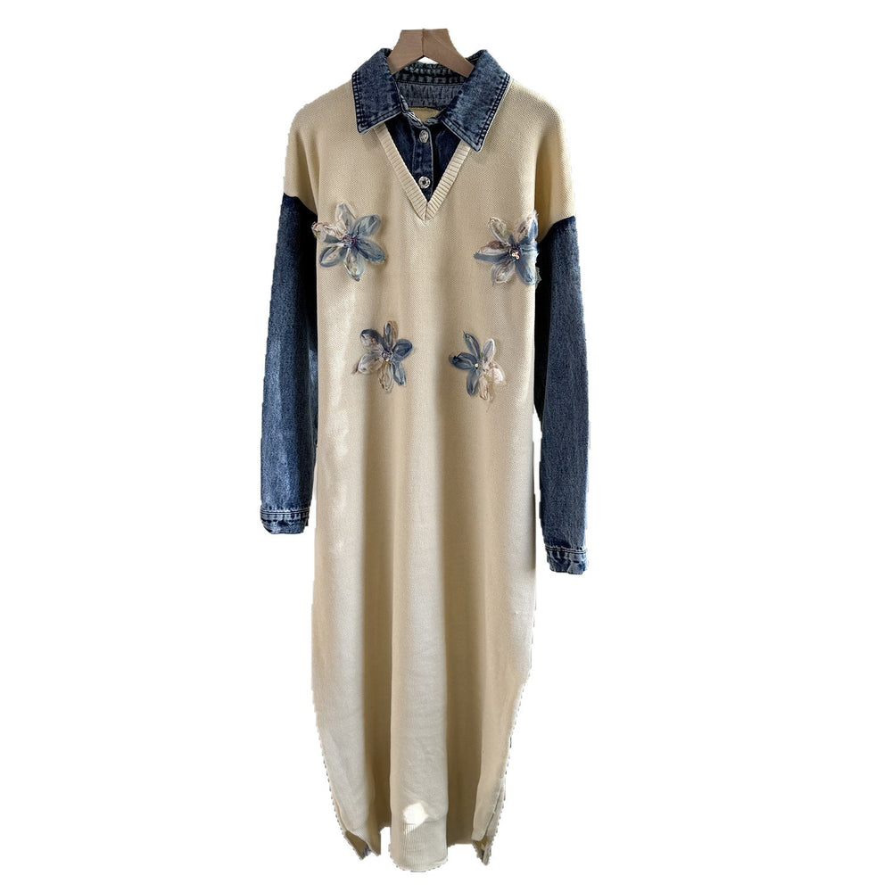 2025 fall/winter new arrival: denim patchwork knit faux two-piece collared dress with floral beaded embellishments - women's maxi dress