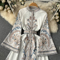 Spring new arrivalretroprinting round neck bell sleeve dress women's single breasted large swing asymmetrical pleated long skirt