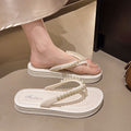 Sparkling rhinestone pearl flip-flops: 2025 fashionable new style, outdoor wear, summer anti-slip platform sandals, thick sole beach slippers