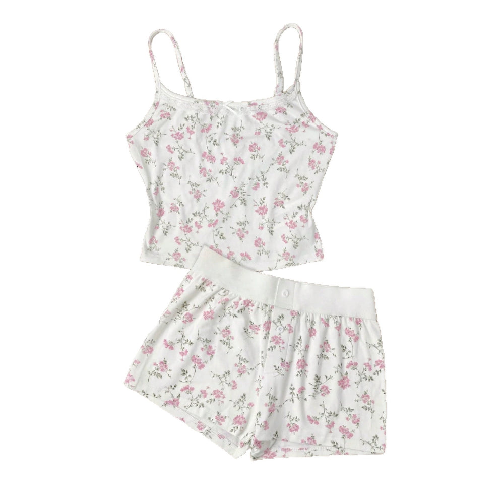 Gentle floral print cami shorts set - sweet bowknot girl's casual two-piece outfit