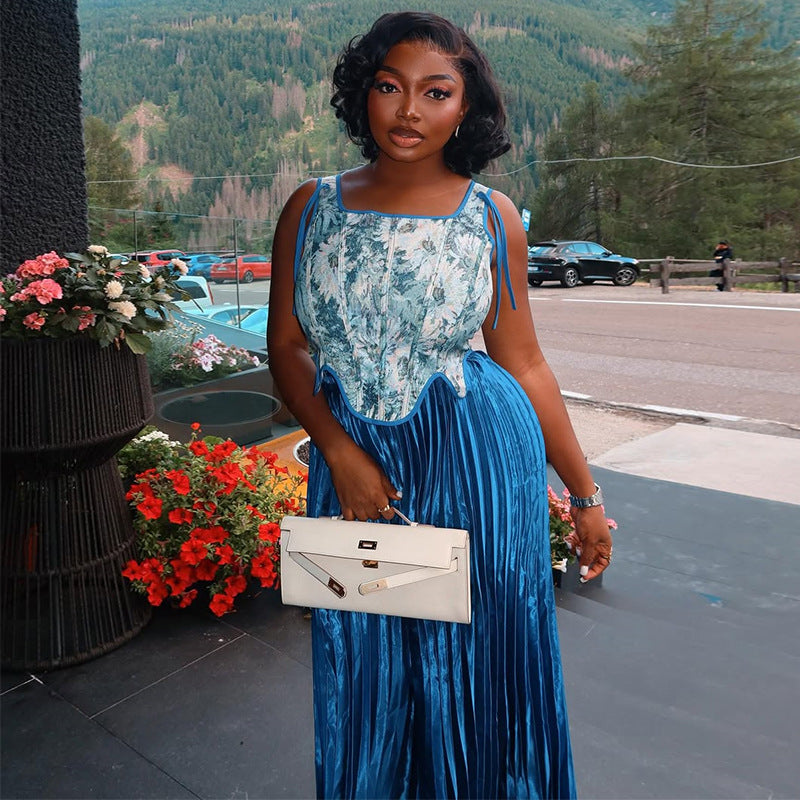 European and american cross-border women's fashion:  autumn new collection - elegant asymmetrical tie-up sleeveless top and pleated midi skirt set
