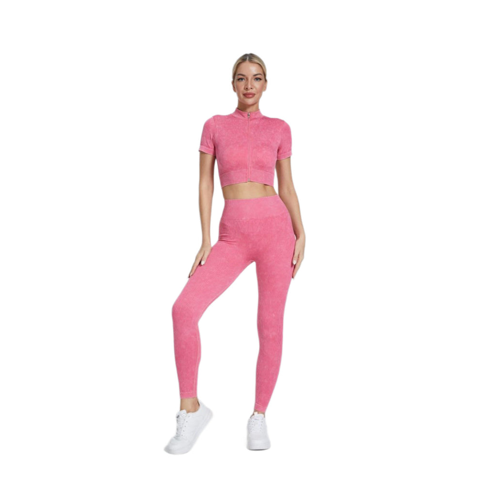 Ready-to-ship matte ribbed athletic short sleeve zip-up cardigan and pants set - seamless yoga two-piece for running and fitness