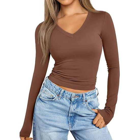 european and american style v-neck slim-fit long sleeve t-shirt - women's inner layering top - figure-hugging milk silk base layer