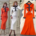 European and american autumn/winter new collection: chanel-inspired knit midi dress with long sleeves, denim paneling, and a-line sweater dress