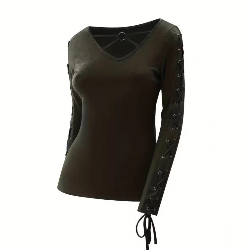 autumn fashion top: harajuku-style, solid color, trendy, hollow-out long sleeve tee - cross-border apparel