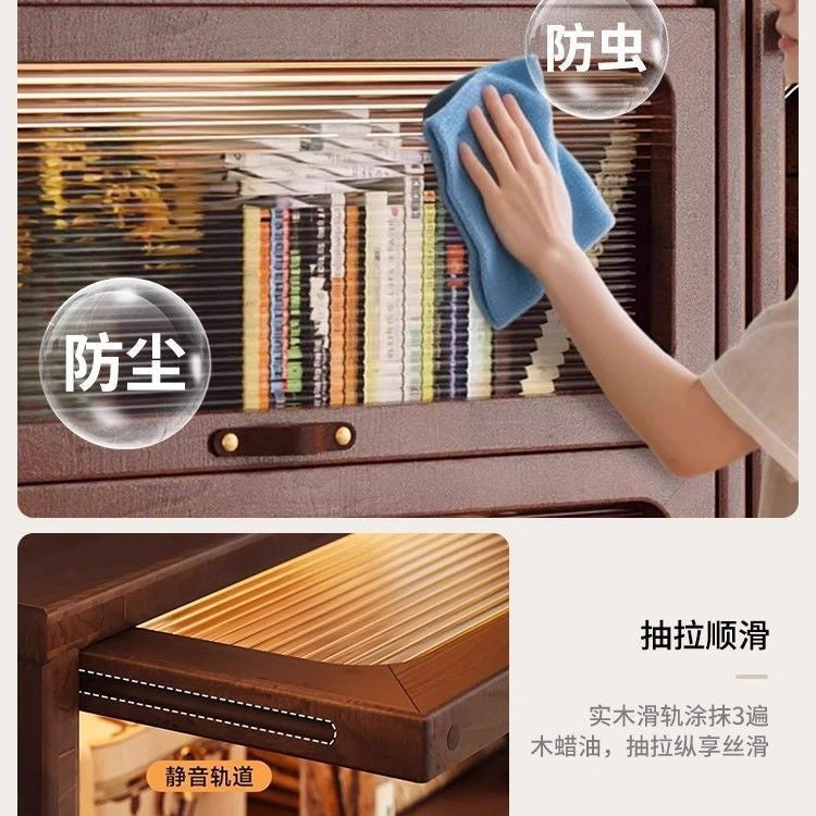 Solid wood bookcase dustproof with glass door bookshelf storage rack floor-standing for home storage cabinet living room bookcase medieval style