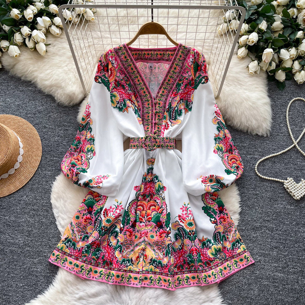 Vintage print v-neck long sleeve bodycon dress - women's summer tie-waist slimming a-line dress - office & casual wear