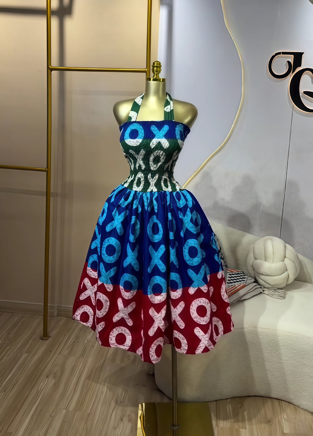 European and american cross-border women's fashion  winter new sleeveless bandeau halter neck printed ruched unique dress