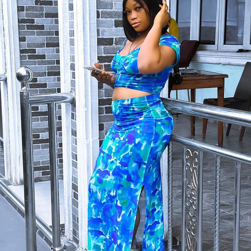 European and american style women's skirt suit -  foreign trade women's fashion casual printed top and high-waisted slit skirt two-piece set