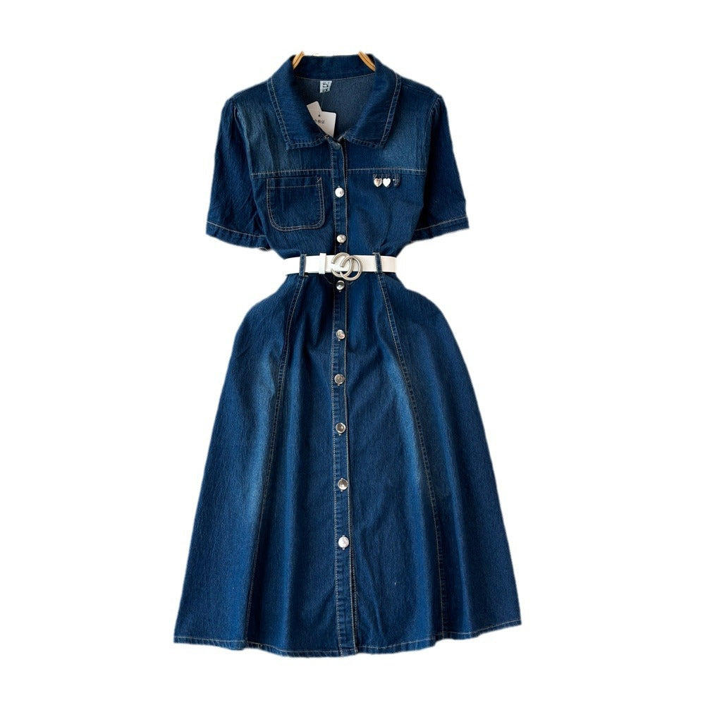 Petites short-sleeved denim dress women's summer 2024new arrivalelegantretroclassy waist slimming look long skirt