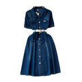Petites short-sleeved denim dress women's summer 2024new arrivalelegantretroclassy waist slimming look long skirt