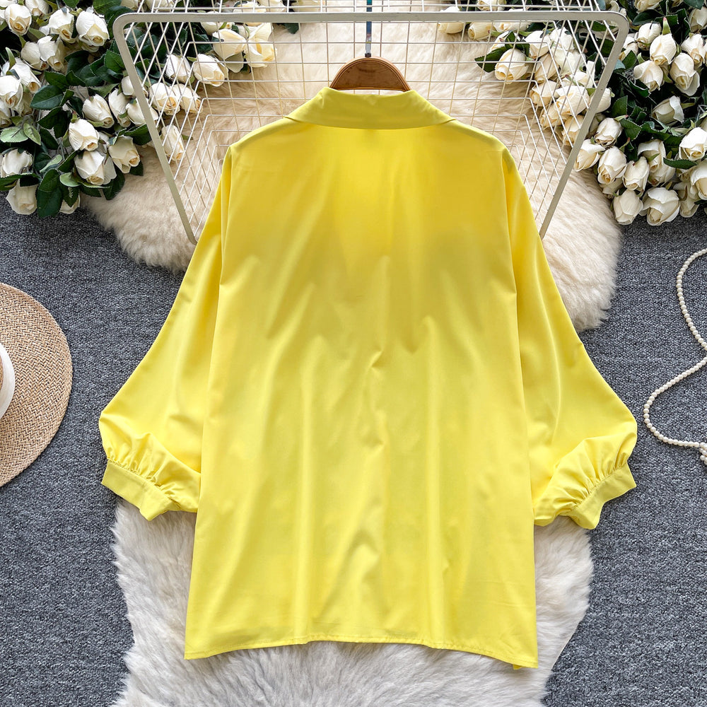 European and american lantern sleeve polo shirt for women - autumn loose fit, rhinestone embellished, designer style, mature and chic top