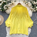 European and american lantern sleeve polo shirt for women - autumn loose fit, rhinestone embellished, designer style, mature and chic top