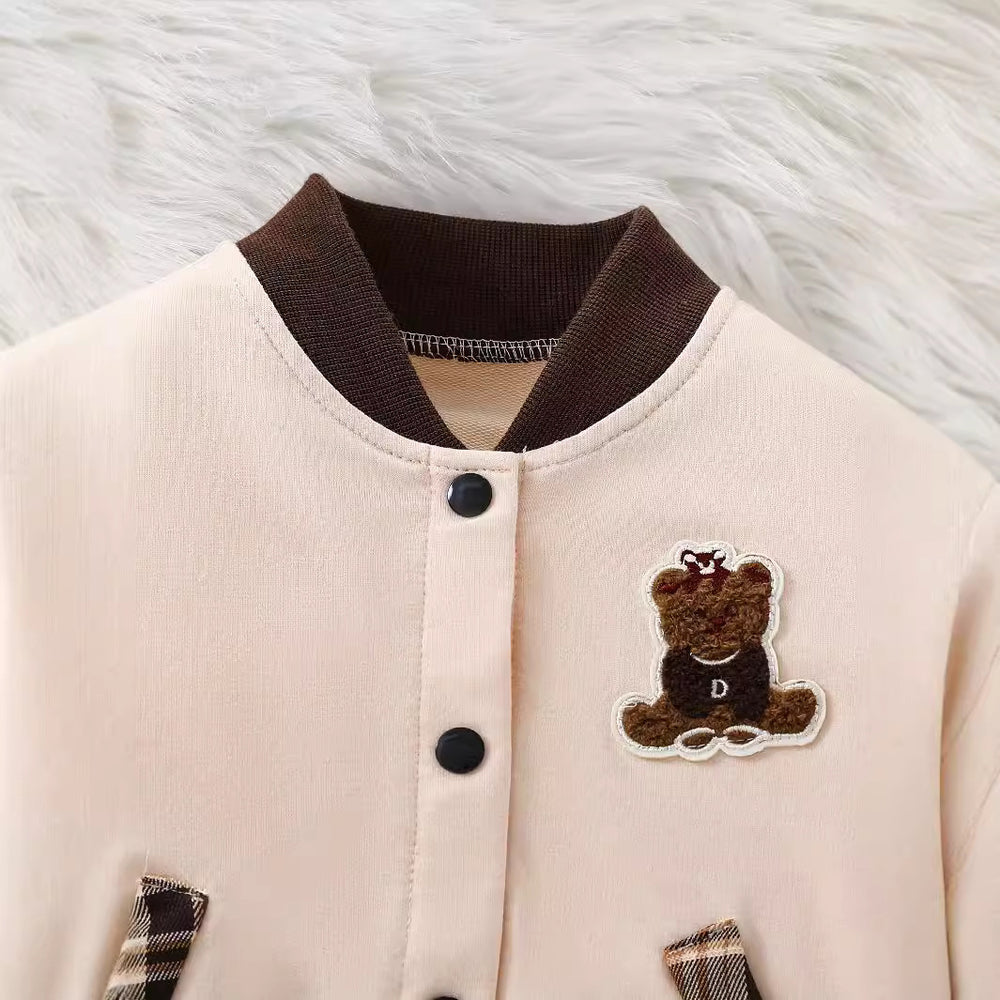 Girls' fall/winter baseball jacket & pleated plaid skirt set - cute bear embroidery, two-piece outfit for kids