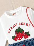 new autumn cross-border baby & toddler cute strawberry print top + embroidered denim maxi skirt with bag 3-piece set