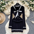 Xiaoxiangfengclassy contrast colorbows strappy long sleevesdress women's metal buckle waist slimming lookknitting short skirt