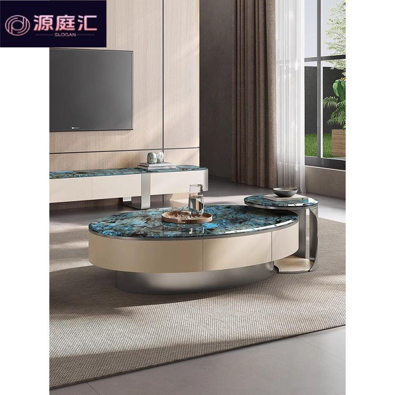 Italian light luxury crystal stone coffee table - modern minimalist home creative stainless steel microcrystalline stone oval/small round coffee table