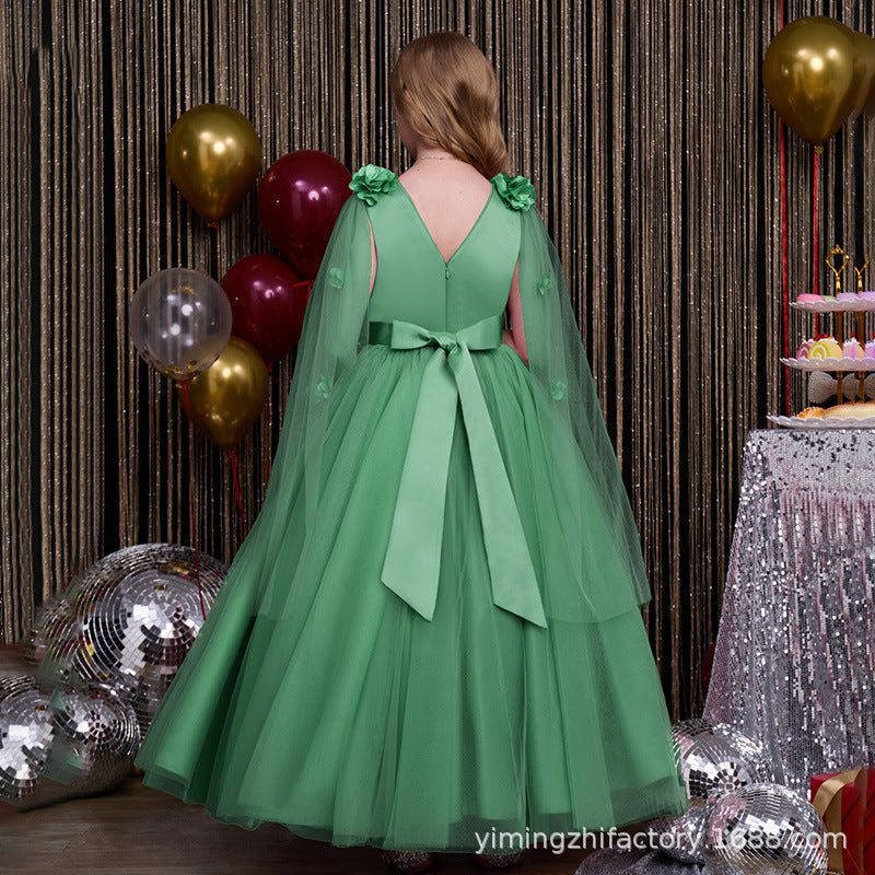 Custom-made girls' tulle dress, longline bow detail, children's princess gown with shawl, elegant european and american style, cross-border e-commerce