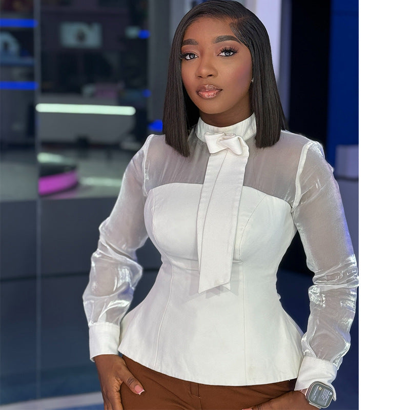 European and American  women's clothing 2025 autumn new fashionable fresh semi-turtleneck bow waist solid color shirt top