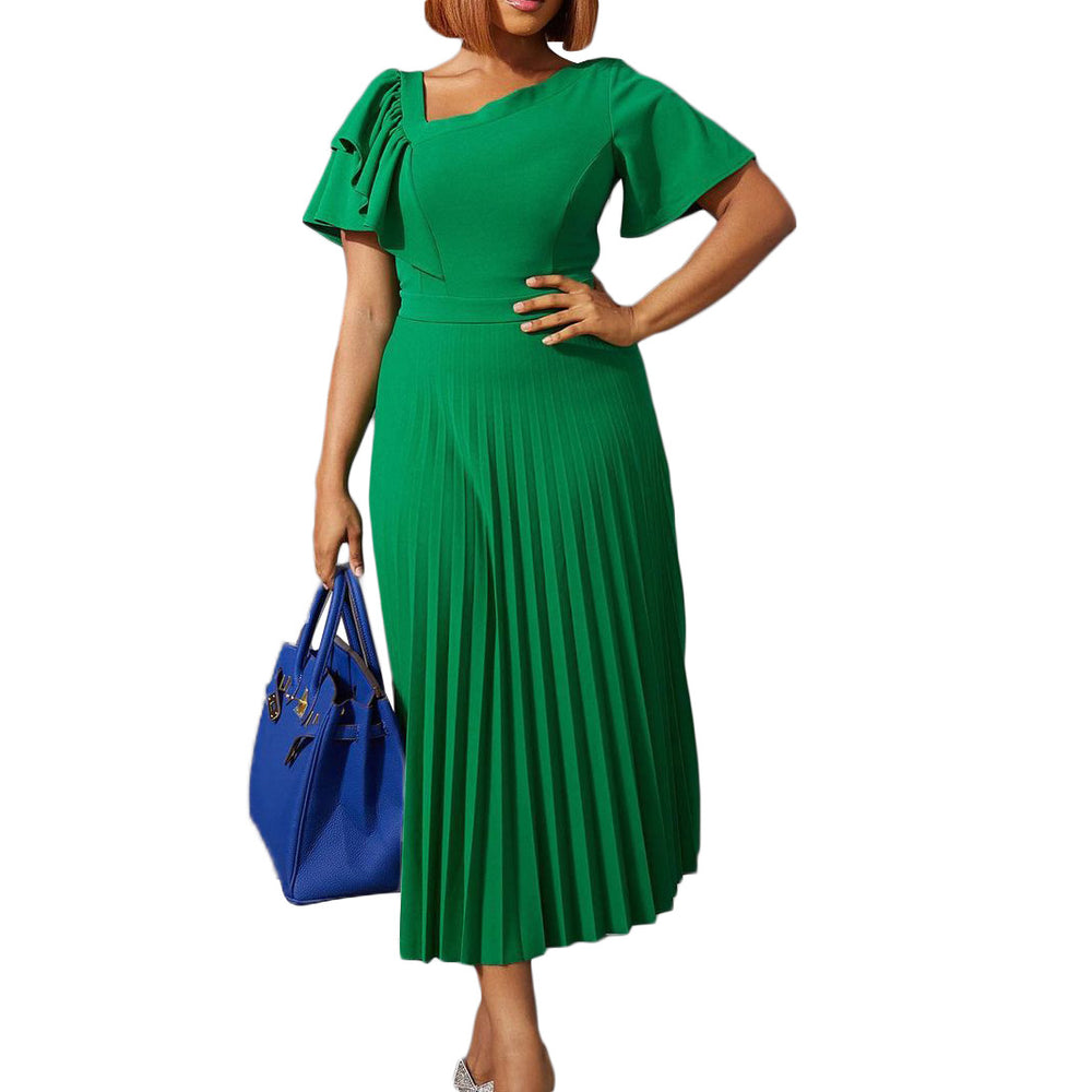 D231 summer new arrival: one-shoulder sexy flared sleeve midi pleated dress - cross-border fashion, plus size available